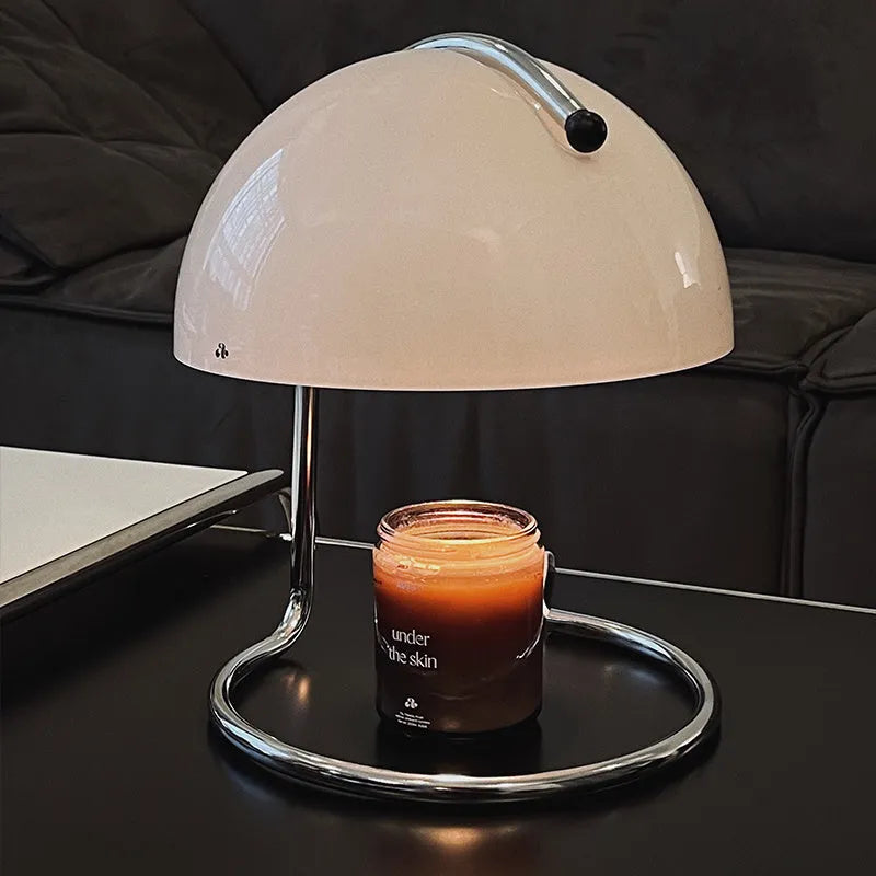 Bedroom bedside atmosphere lamp with metal holder and tan cloth shade