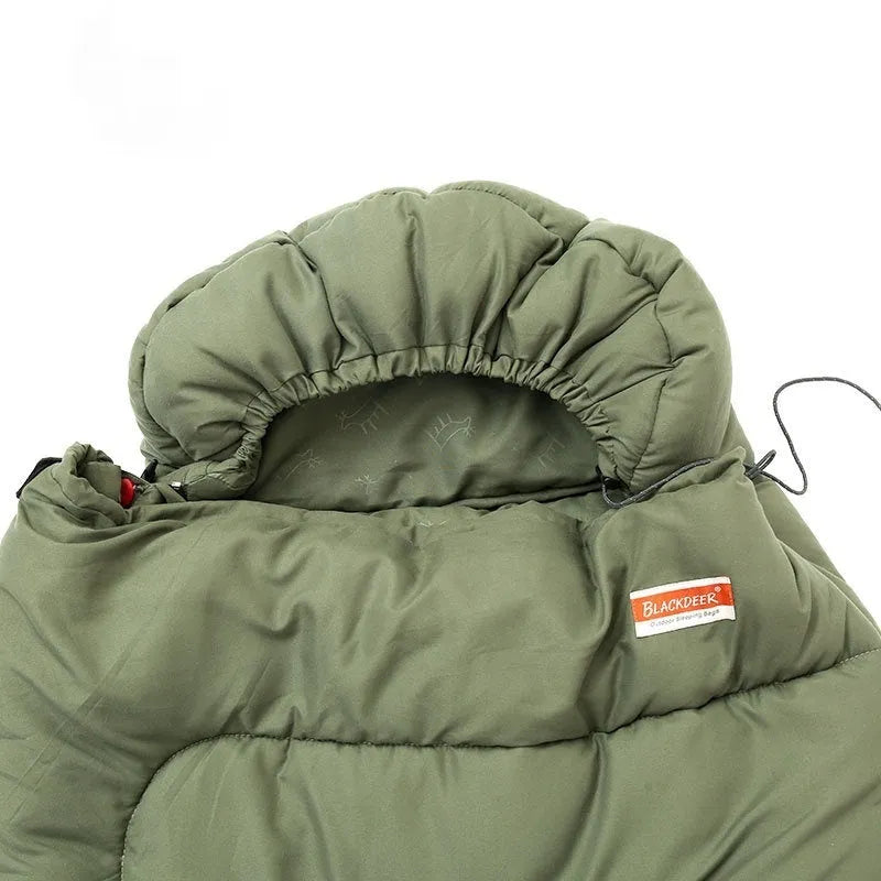 Ochre and olive green ultra-light cotton camping sleeping bag quilt rolled up.