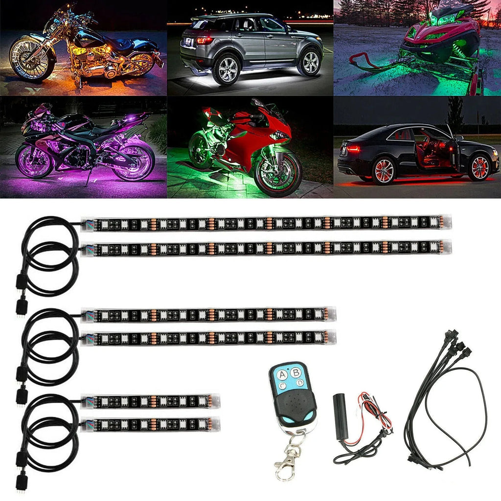 Black flexible silicone RGB LED light bar kit with remote control for motorcycle and car atmosphere lighting