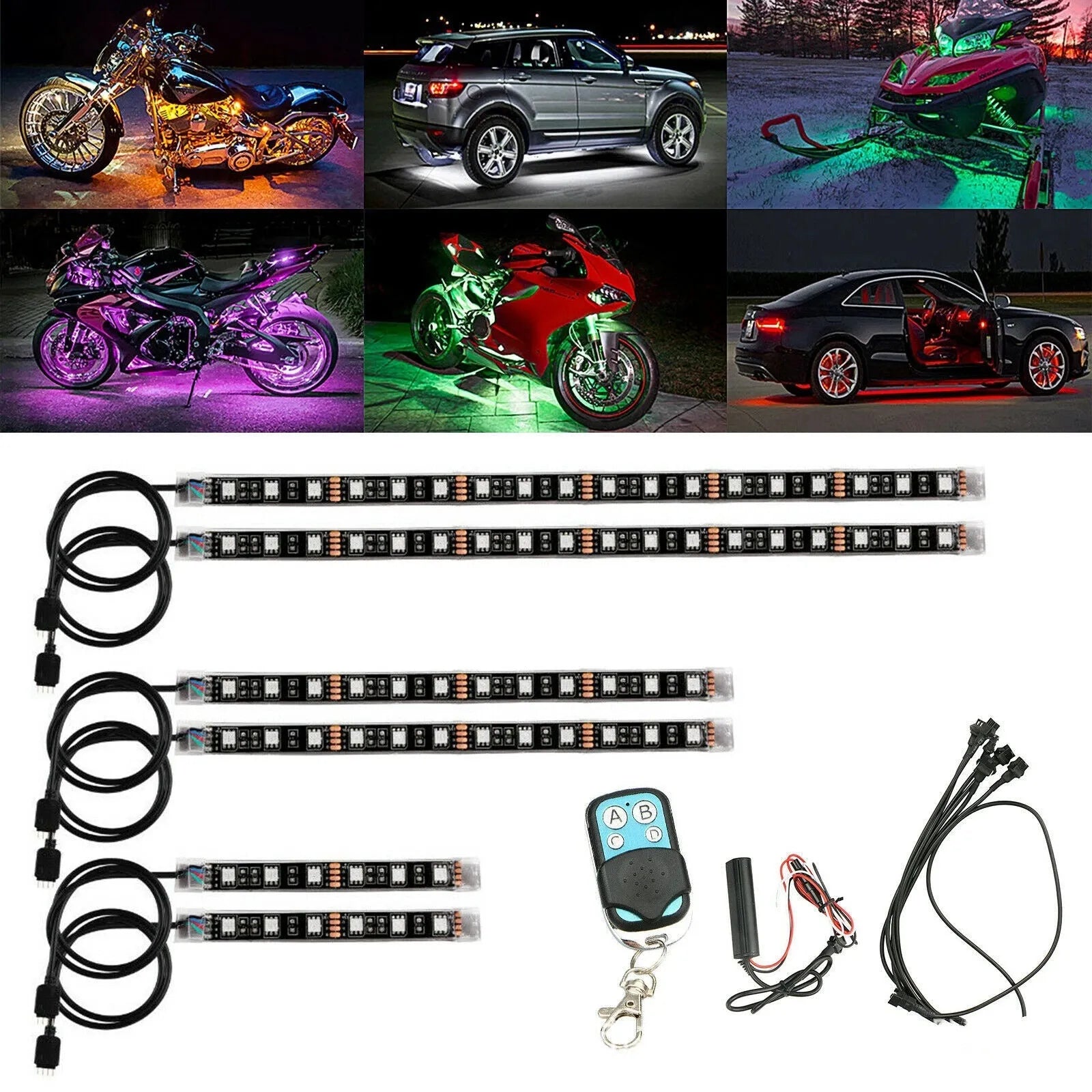 Black flexible silicone RGB LED light bar kit with remote control for motorcycle and car atmosphere lighting