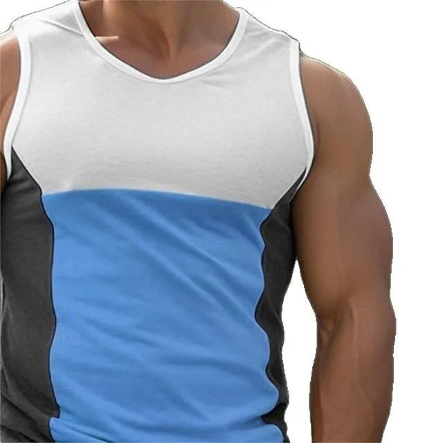 Men's cotton blend running vest in blue with contrast colour panels for summer sports