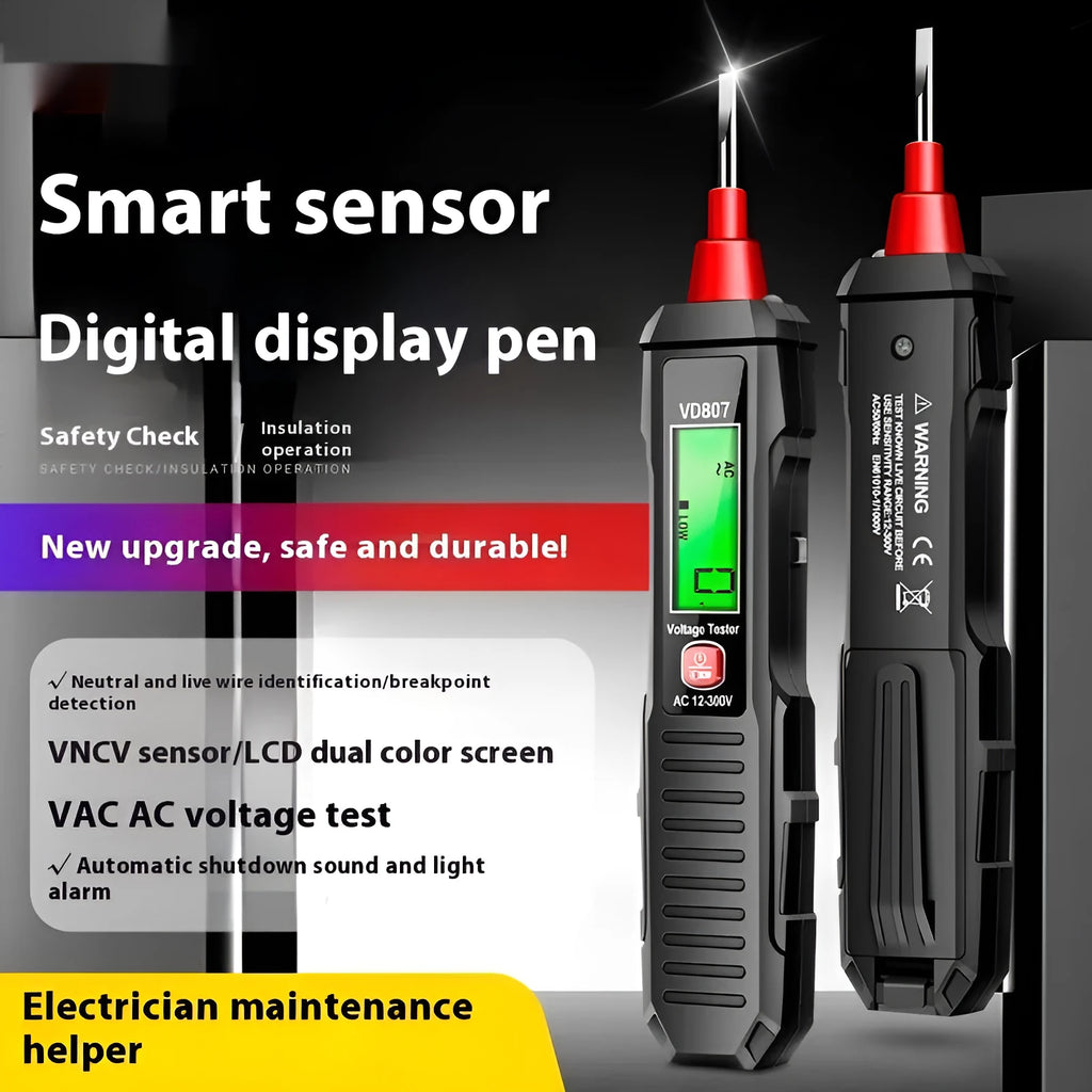 Black and red digital voltage testing pen with LCD display for 12V-300V detection