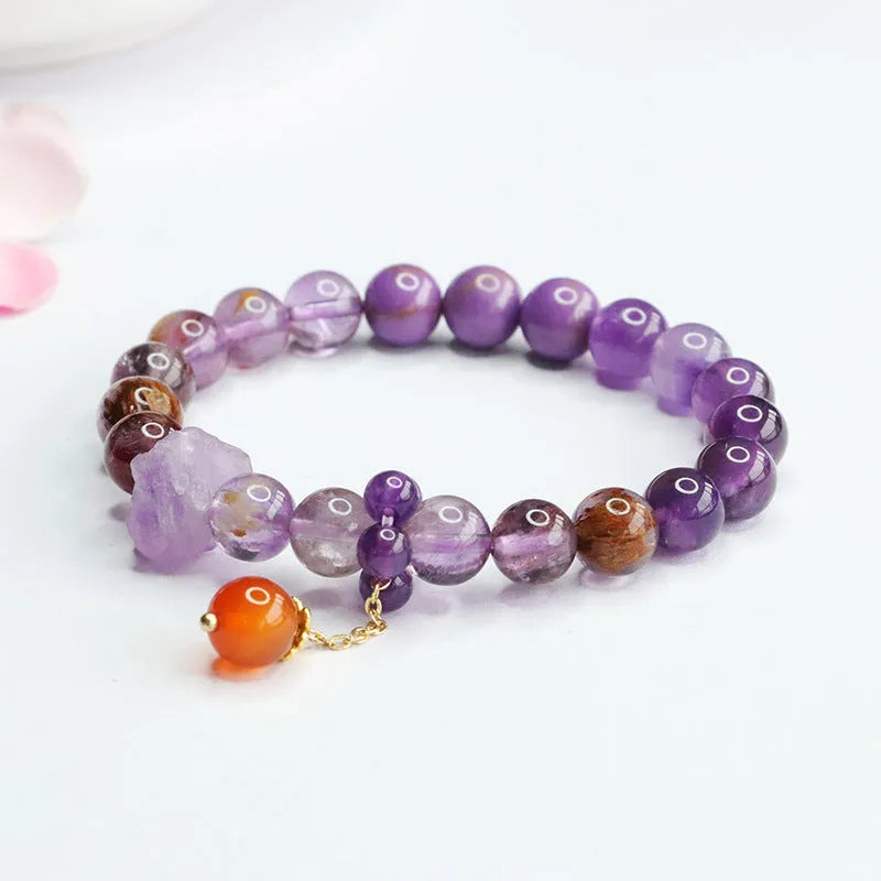 Natural nine purple fire Duobao crystal bracelet with amethyst beads and red agate accents in Mori style