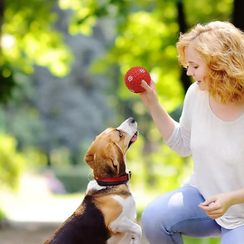 Red and green dog toy balls with squeaker and air vents 7cm for small medium dogs
