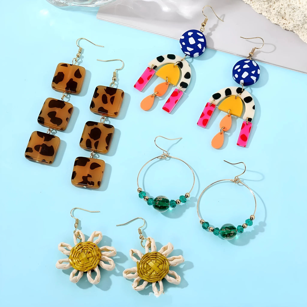 Women's geometric square ear studs in leopard print, sunflower and colourful glaze bead designs, electroplated plastic resin