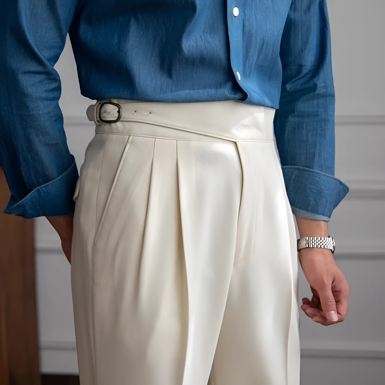 Men's high waist straight leg casual trousers in black, shown on a model.