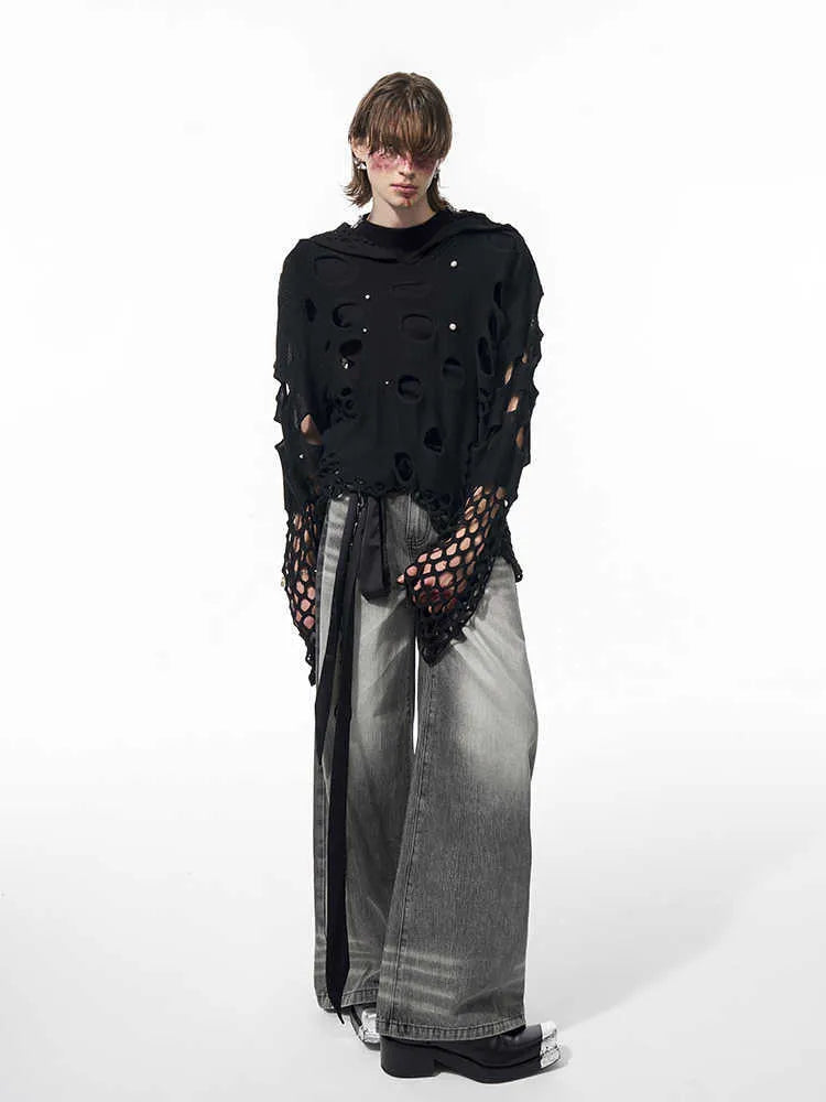 Black men's hoodie with pearl decorative elements on hood, loose fit thin fabric construction