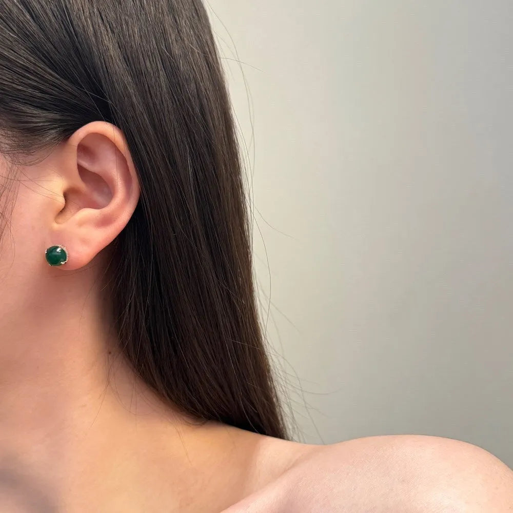 Retro S925 sterling silver green chalcedony stud earrings platinum finish round geometric women's jewellery
