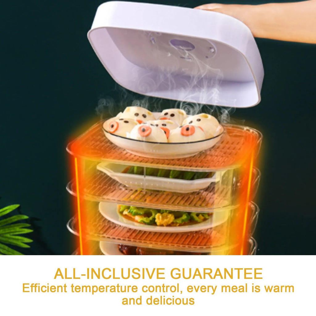 Plastic multi-layer dish cover in white with temperature display on dining table
