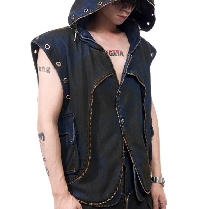 Blue hooded denim vest coat with matching trousers, men's Korean-style outfit set