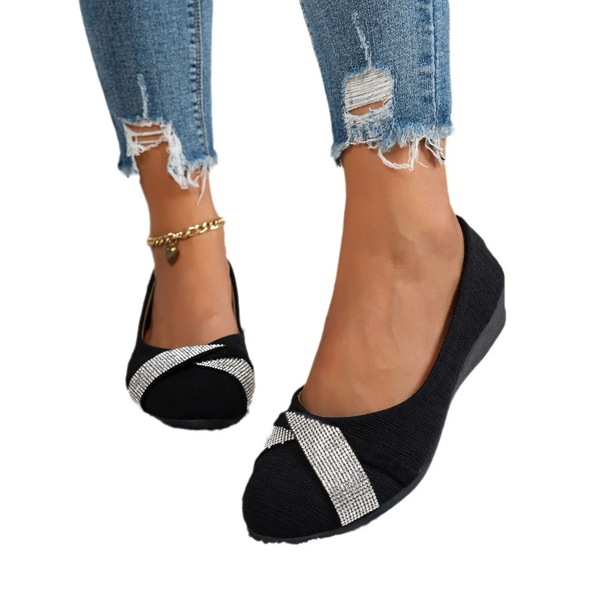 Women's black casual slip-on shoes with rhinestones and a chunky heel