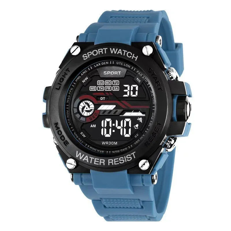 Digital wristwatch with resin strap showing backlight function and stopwatch display