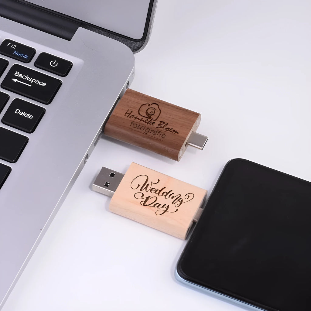 Wooden USB flash drive with natural finish showing 2-in-1 mobile phone and computer connectivity
