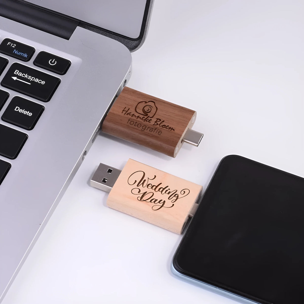 Wooden USB flash drive with natural finish showing 2-in-1 mobile phone and computer connectivity