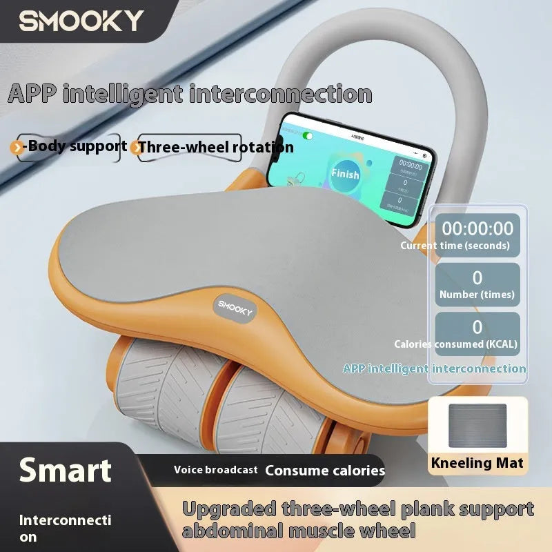 Black and orange three-wheel abdominal wheel with automatic rebound and knee pad