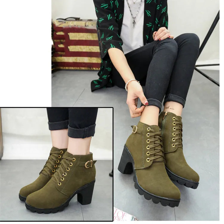 Chunky block heel women ankle boots with buckle strap and front tie in PU suede, round toe, black