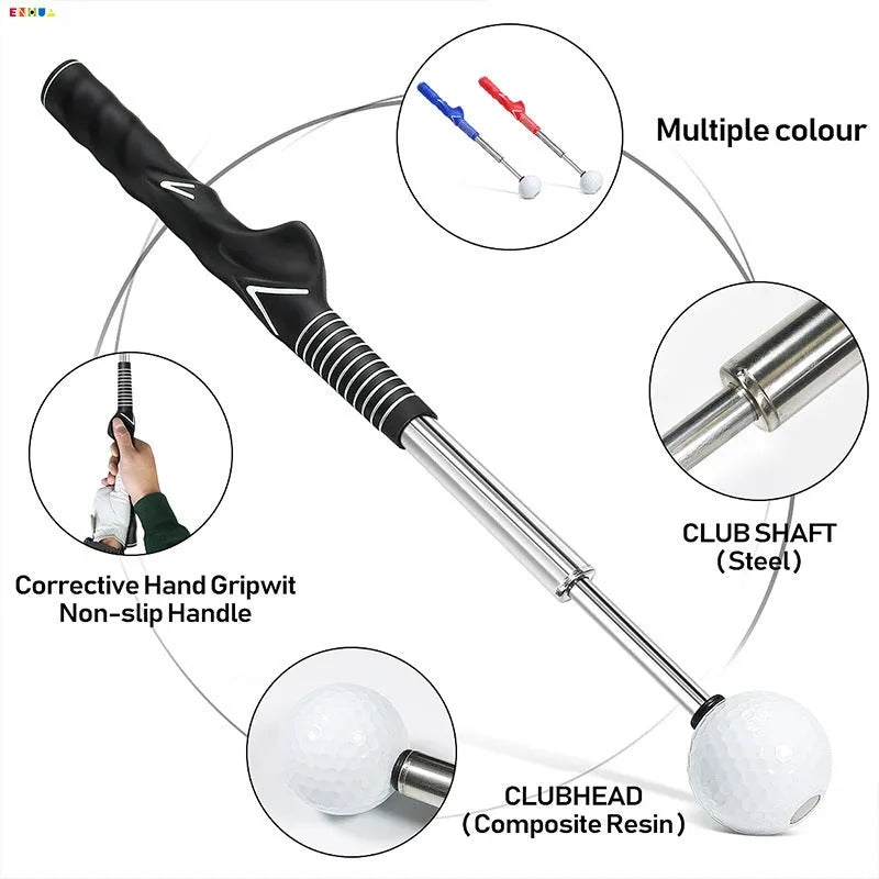 A telescopic golf swing simulator trainer in stainless steel, shown in black, blue, and red colour options.