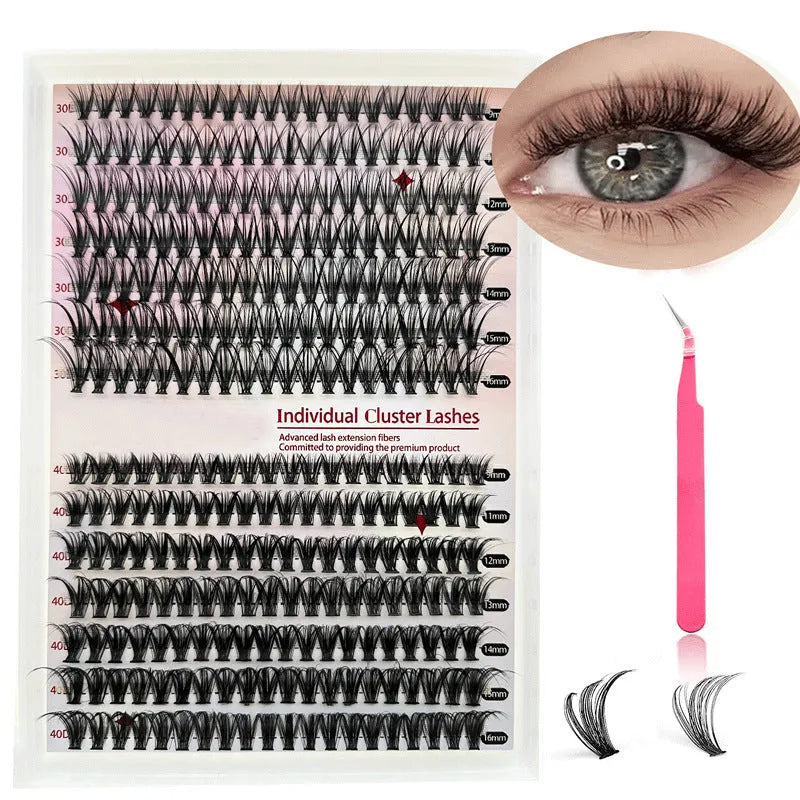 DIY mixed package of 30D and 40D cluster false eyelashes with tweezers on a pink background.