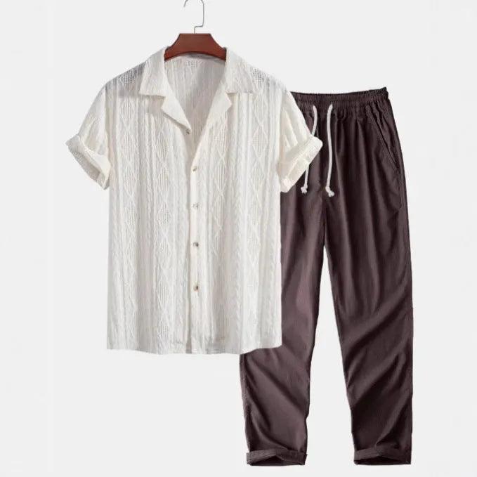 Men's slim fit camouflage print shirt and trousers casual suit with short sleeves