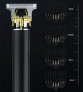 Black rechargeable electric hair clipper with gold steel blades, four plastic combs, and a cleaning brush on a white background.