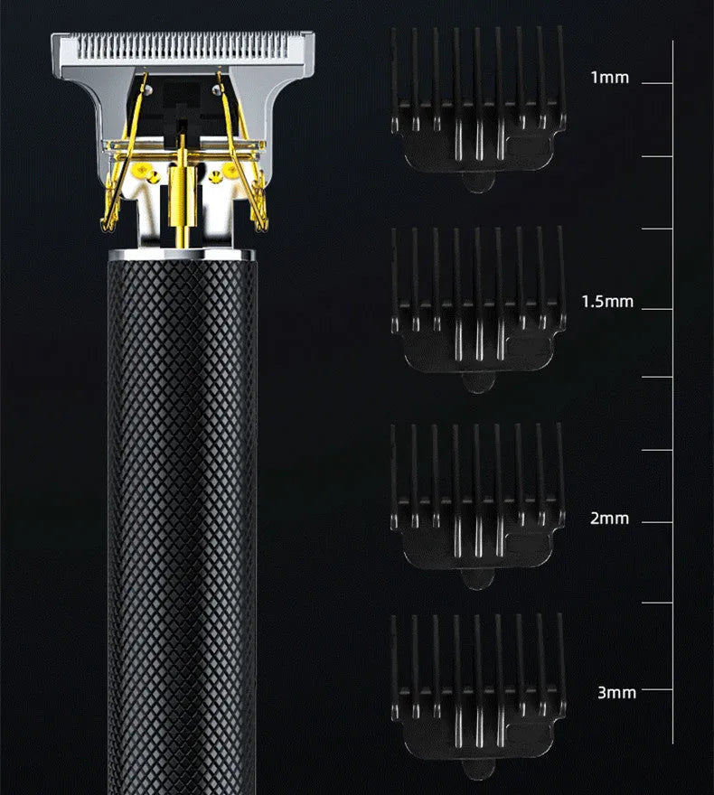 Black rechargeable electric hair clipper with gold steel blades, four plastic combs, and a cleaning brush on a white background.