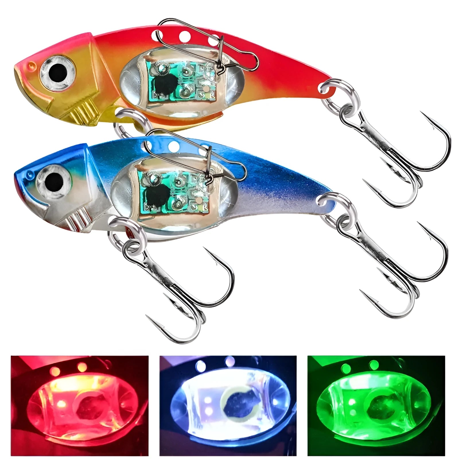 Luminous metal vib electronic fishing lure showing blue body and red body colour options