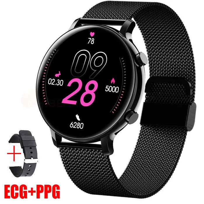 Bluetooth call smartwatch with stainless steel strap showing heart rate monitoring display