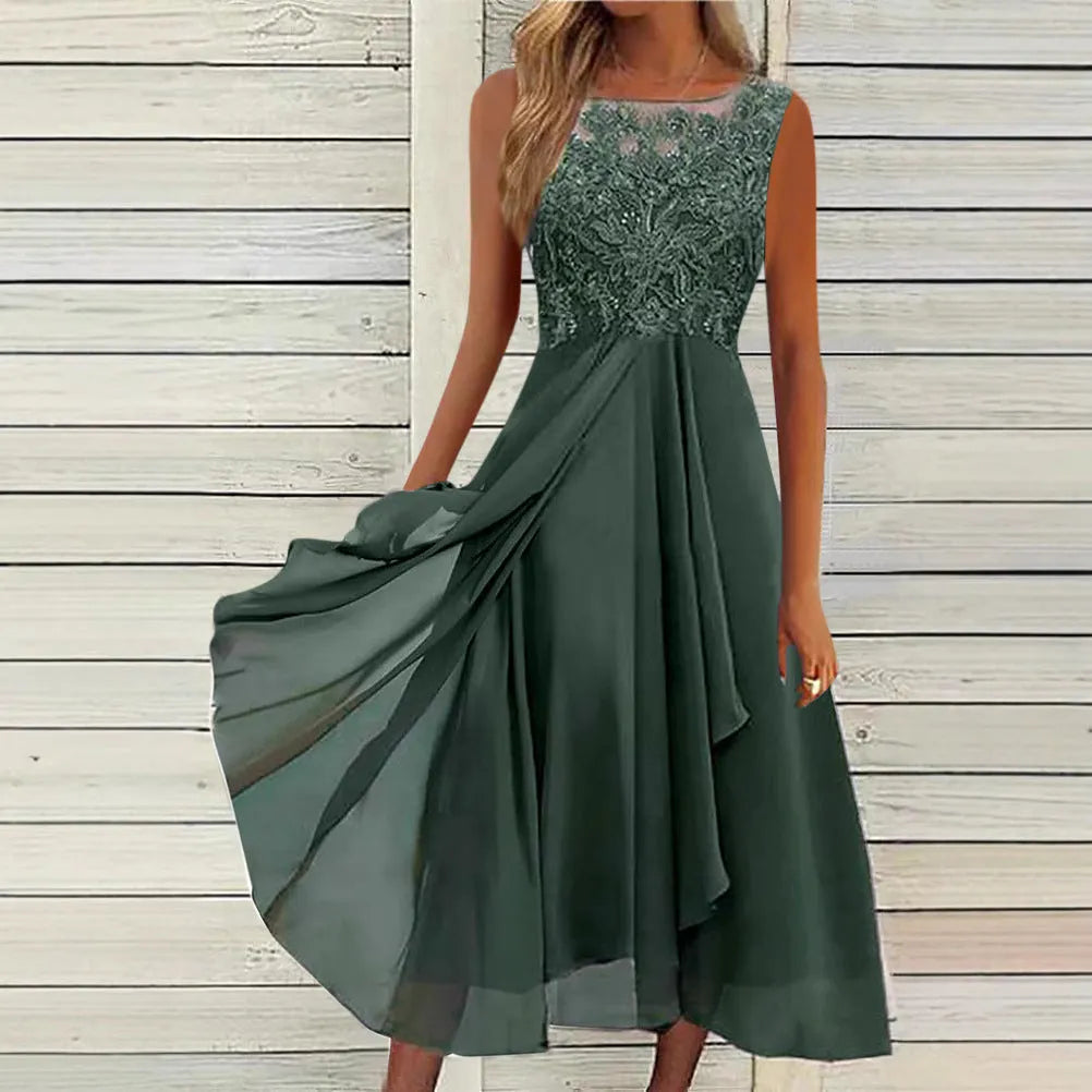 Women's sleeveless blue chiffon dress with hollow-out lace detail, mid-length princess style.