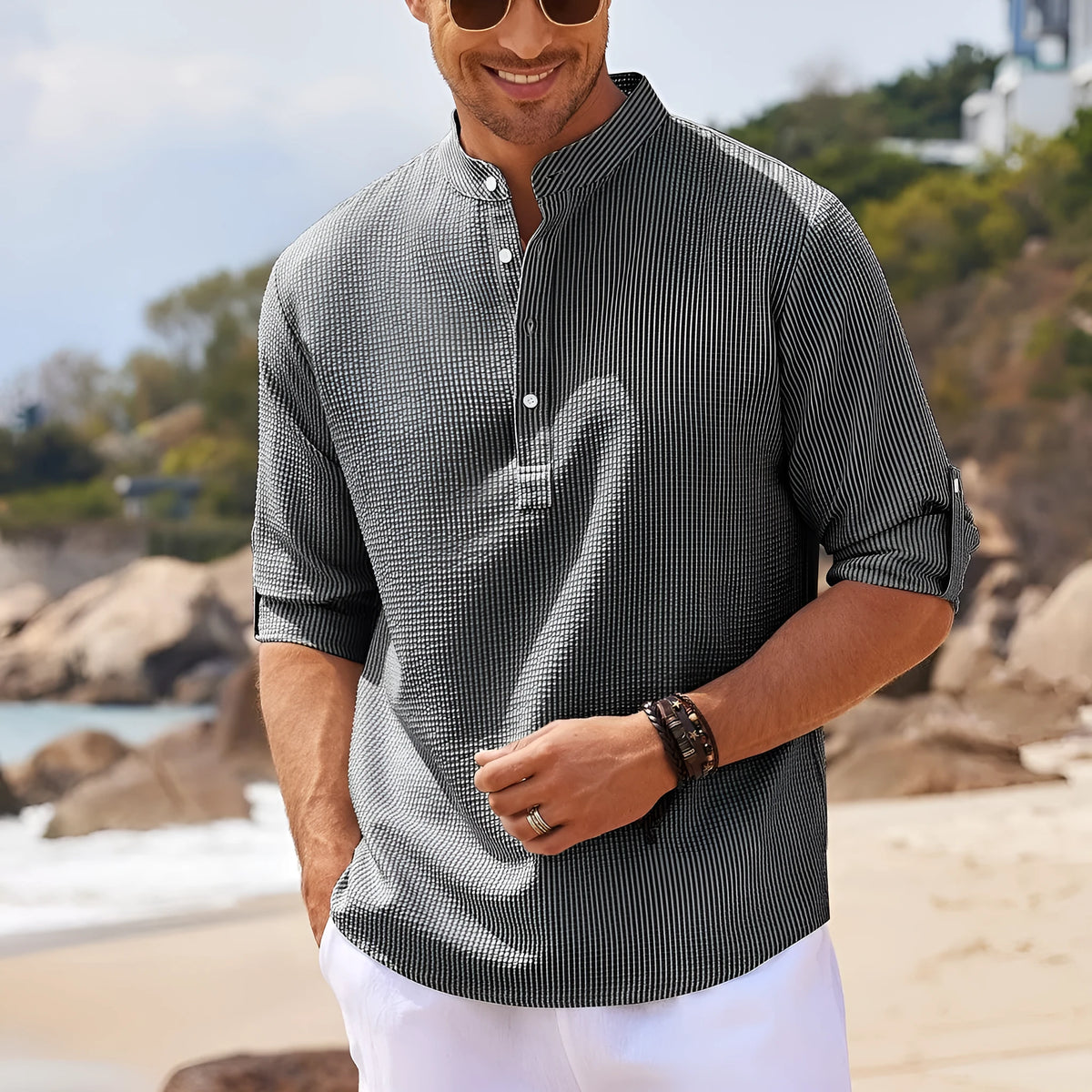 Men's casual long sleeve stand collar solid colour cotton blend pullover shirt in khaki