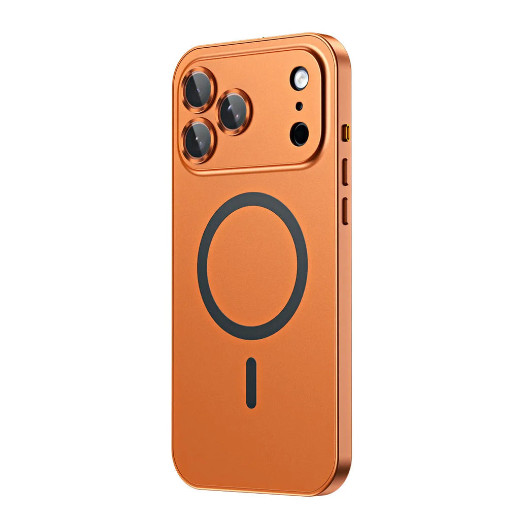 Magnetic metal frame phone case with frosted PC back and spring fastener, compatible with Apple iPhone 12 to 17.