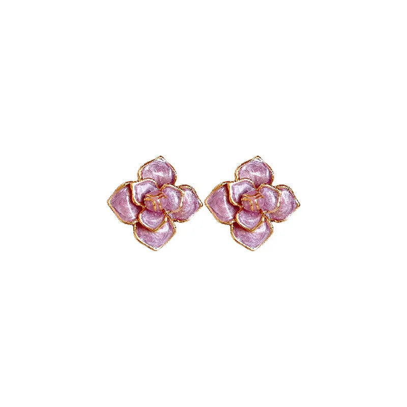 Gold plated copper flower stud earrings with oil-spot glaze in golden-purple colour