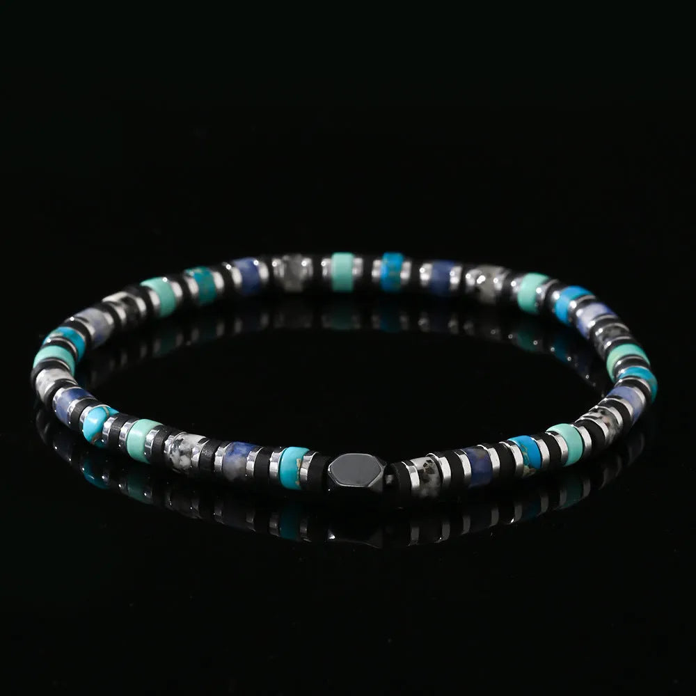 Bohemian cylindrical semi-precious stone bracelet, hand-woven natural stone geometry style BB24062013A
