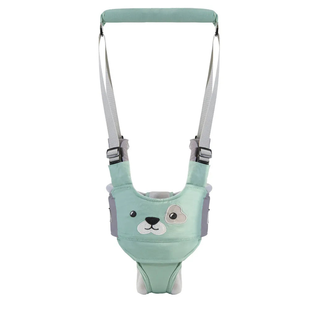 Baby walking harness belt in blue vest style showing adjustable straps for toddler walking support