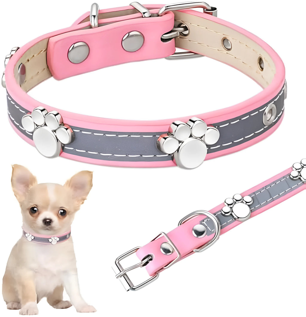 Reflective brown leather dog collar with metal paw print rivets and an adjustable buckle.