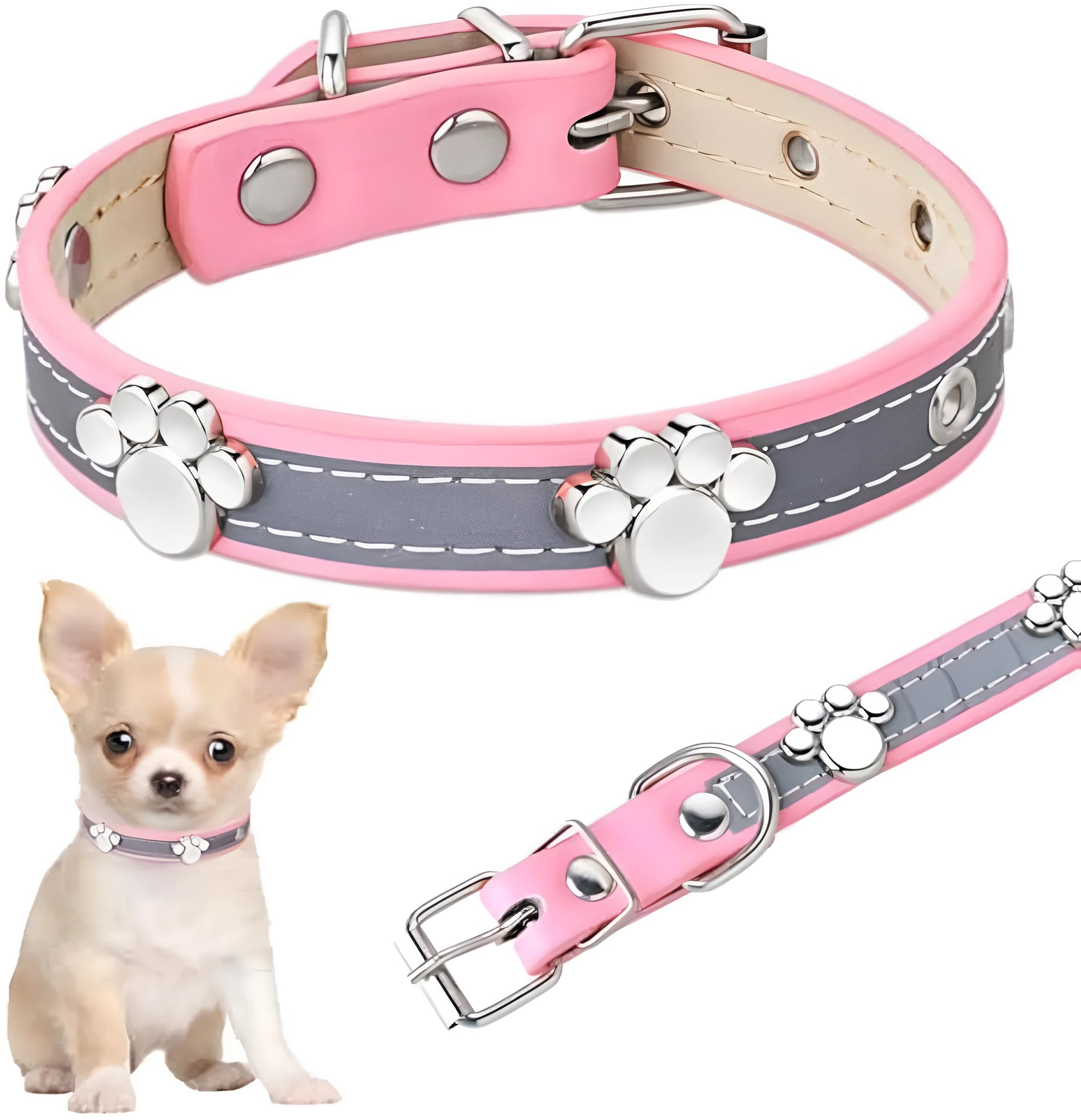 Reflective brown leather dog collar with metal paw print rivets and an adjustable buckle.