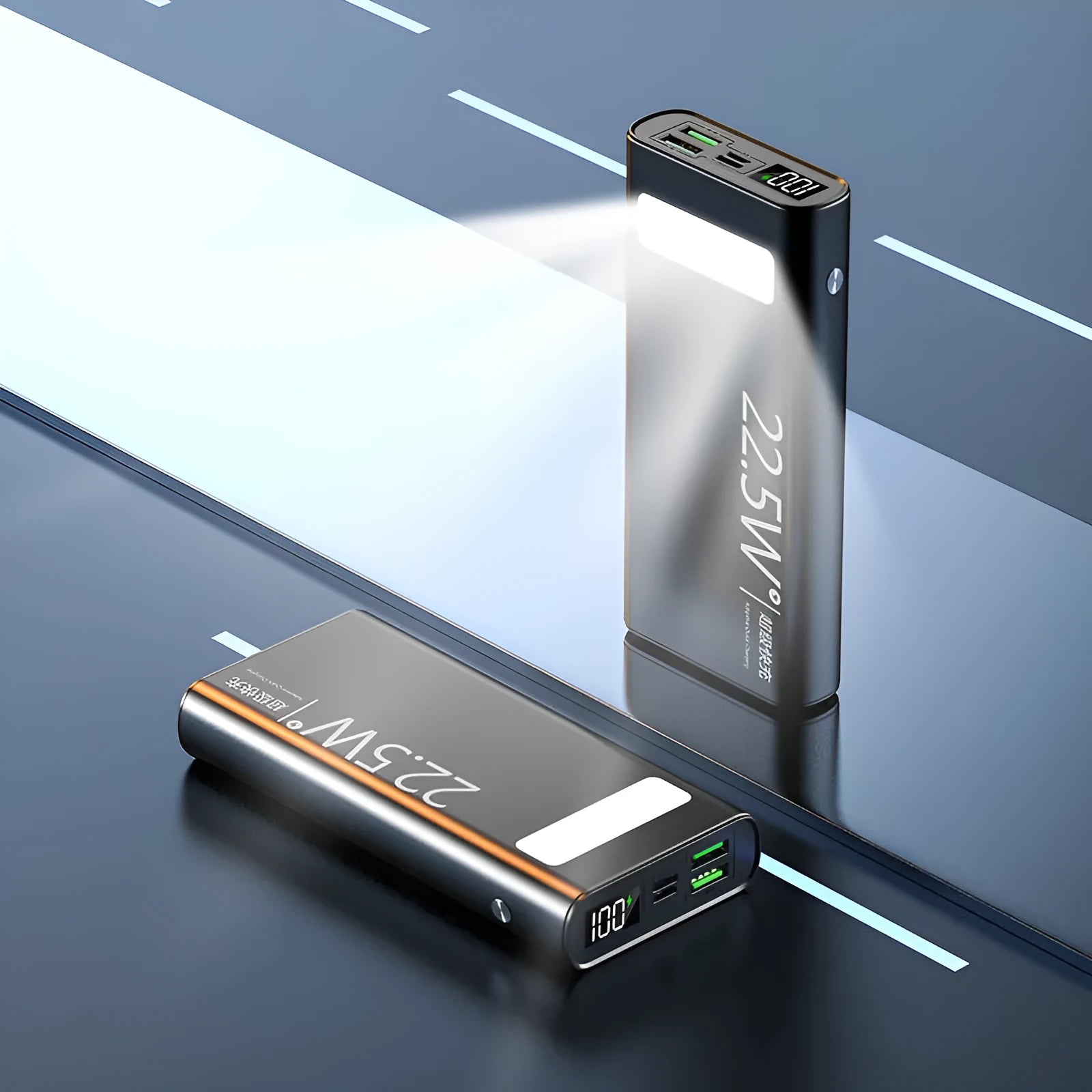 Alloy shell portable power bank in four colours showing LCD display and LED flashlight