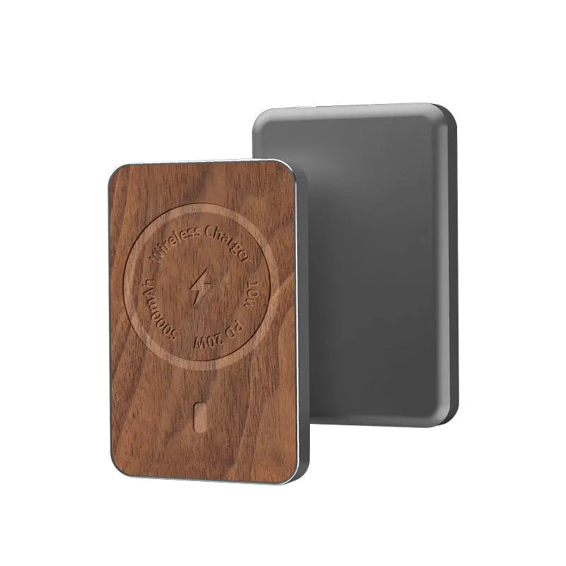 Khaki-coloured wireless magnetic charging bank with a 5000mAh capacity and alloy case.