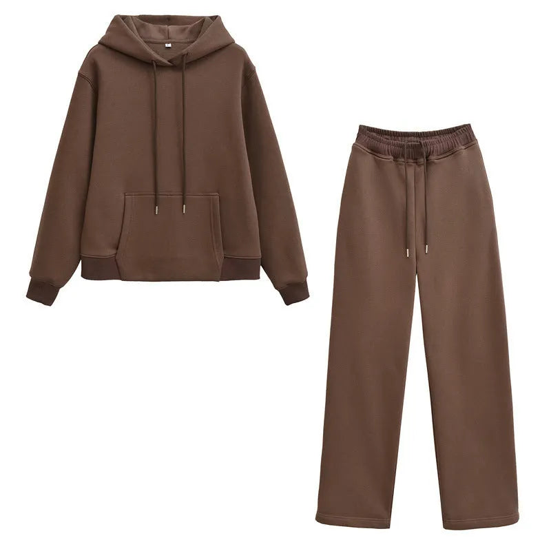 Women's hooded sweater and wide-leg pants set in solid colour polyester blend, beige top and camel trousers