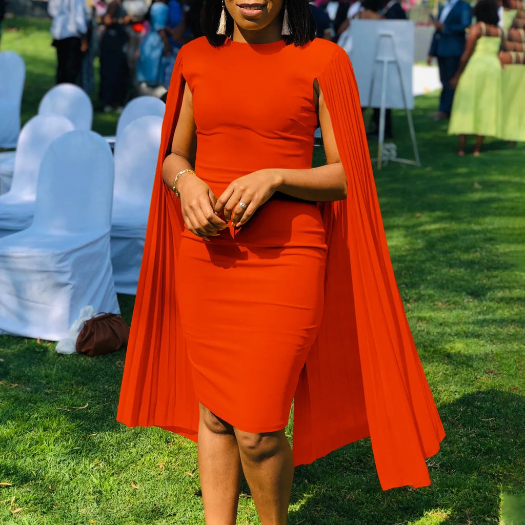 Round neck evening gown with pleated shawl collar and long sleeves in polyester fabric