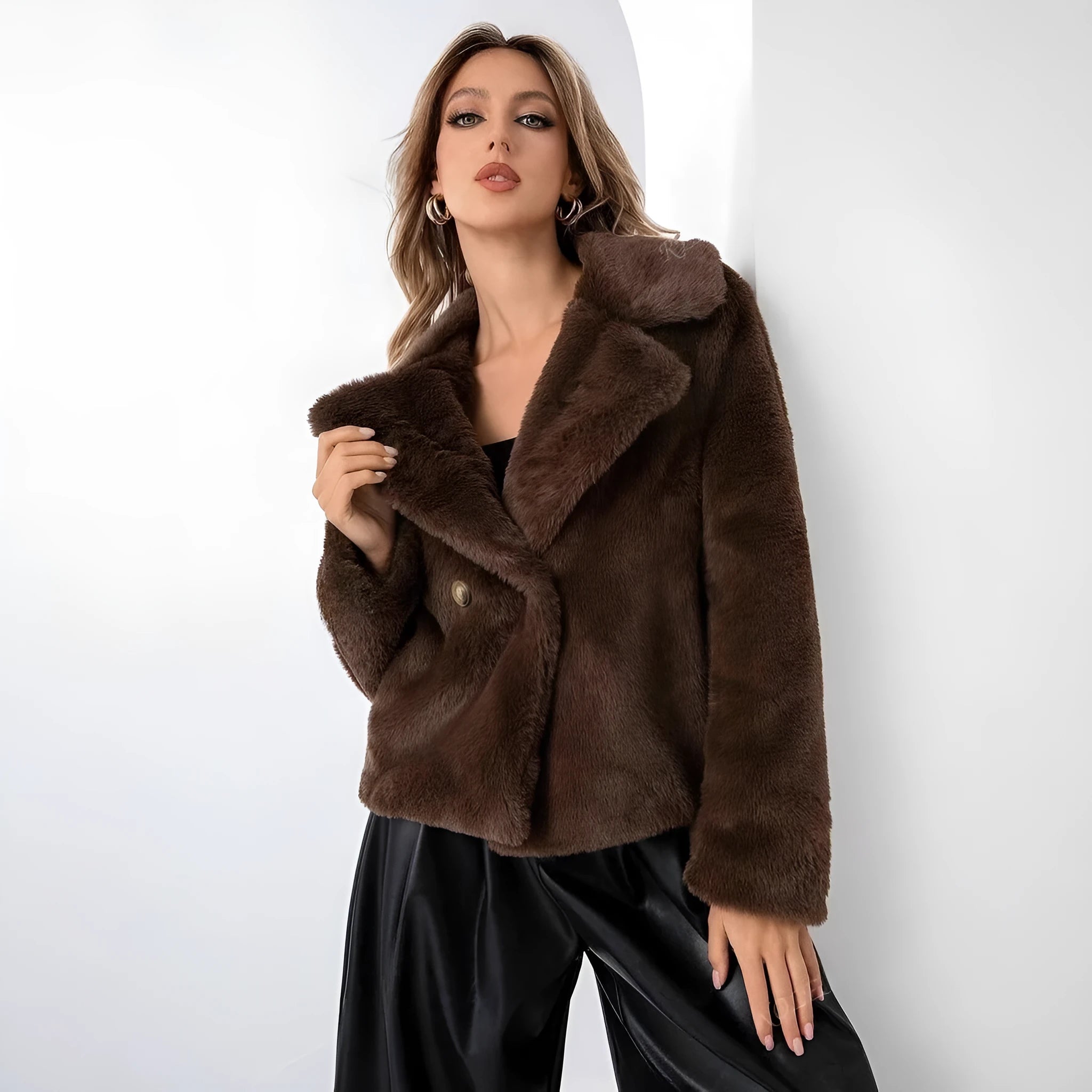 Women's loose short faux fur coat with regular sleeves in rose red colour option