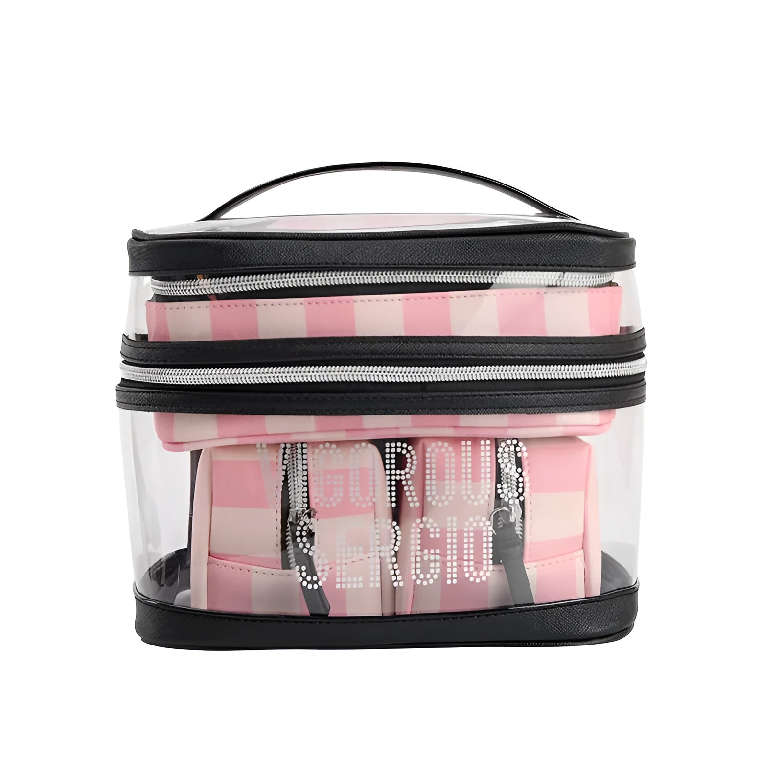 Pink floral striped waterproof synthetic leather makeup buggy bag with folding design.