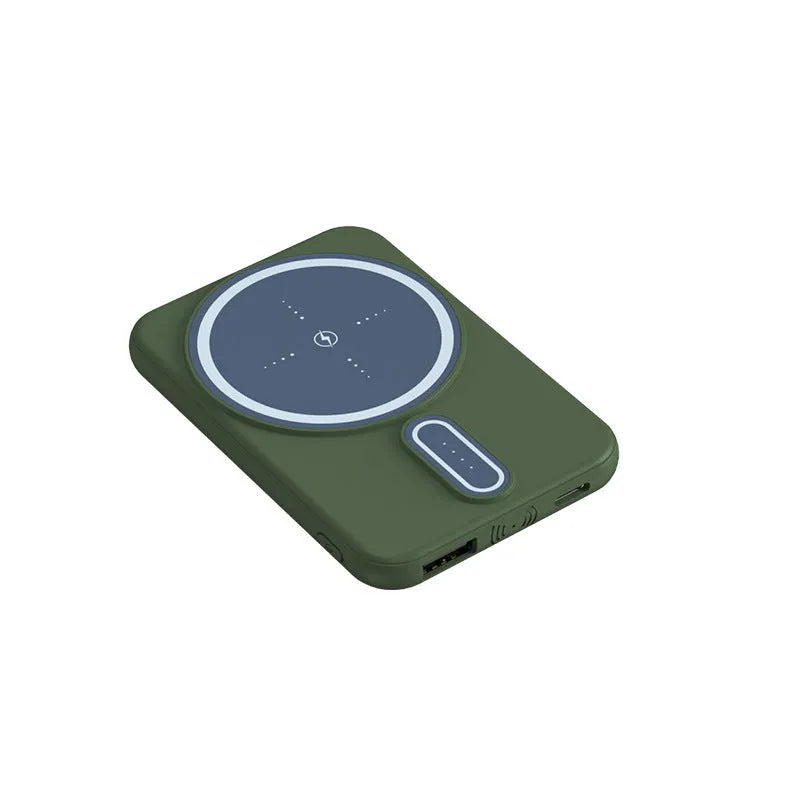 Portable 5000mAh power bank in dark green with Multi-U port output and compact plastic shell