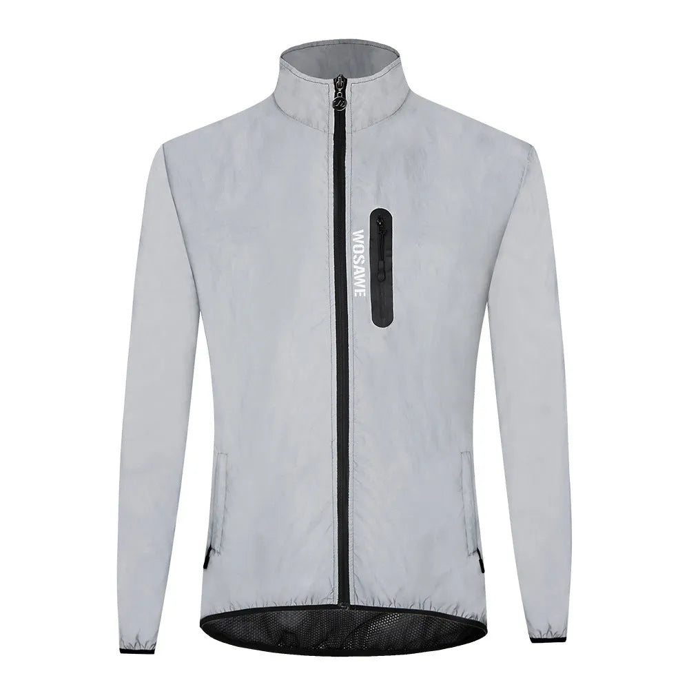 Silver waterproof polyester long-sleeved top displayed on a hanger, showing full sleeves and front closure.