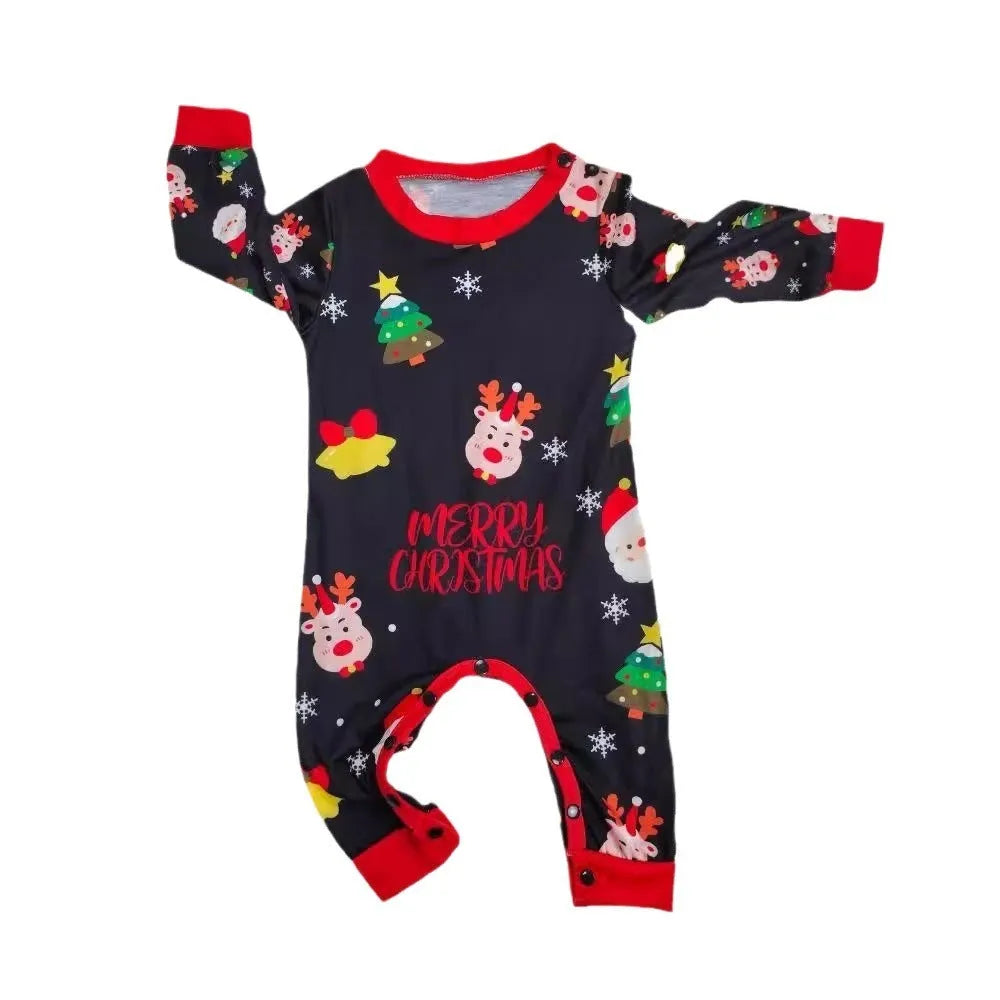 Family Christmas matching cotton pajamas set showing Dad, Mum, child, baby, and dog in coordinated festive sleepwear