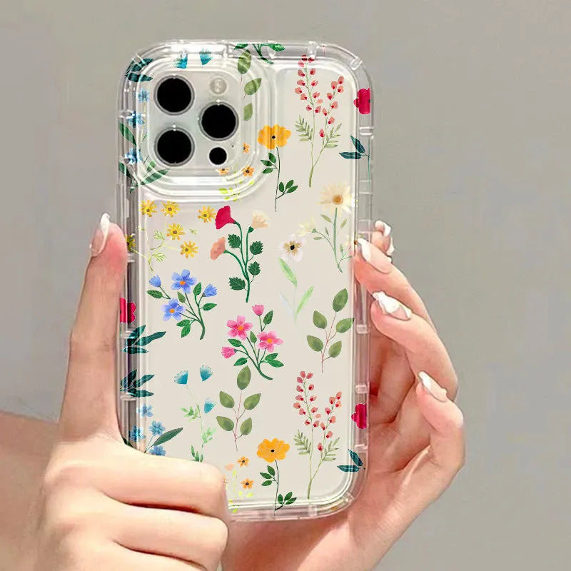 Floral transparent TPU phone case with bracket for iPhone showing a clear floral pattern and side grip