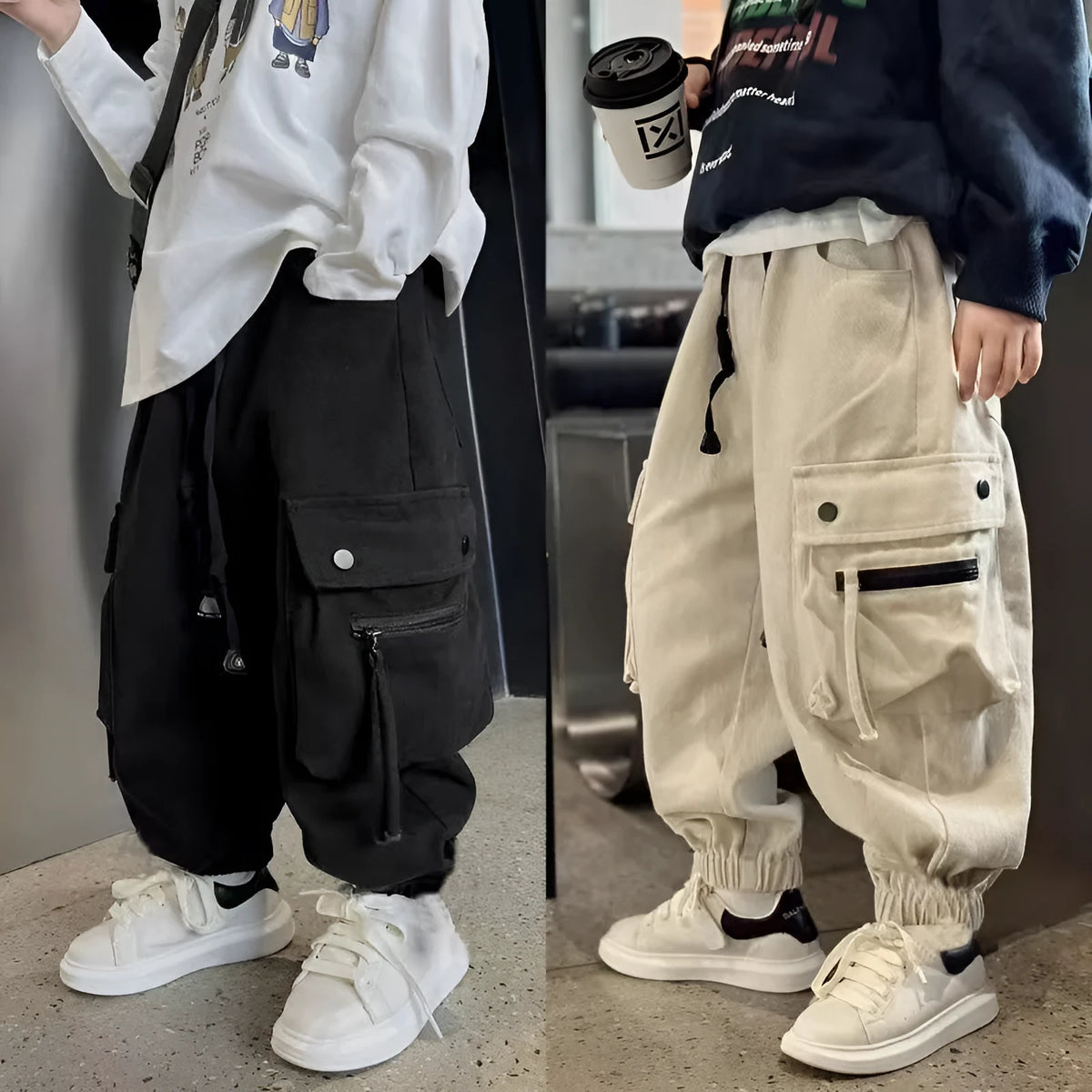 Children's cotton workwear trousers available in beige and black for heights 120cm to 170cm mid-waist fit