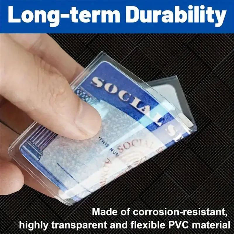 Transparent PVC card holder for social security and bus cards measuring 9.7 by 5.9 cm.