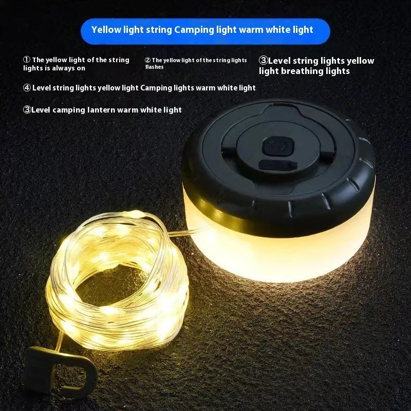 Rechargeable outdoor LED string lights with 30 beads on an 8-metre cord, showing both colourful and warm white light options.