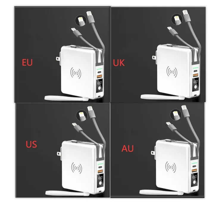 Super QI wireless charging power bank with wall plug in black or white cylindrical design