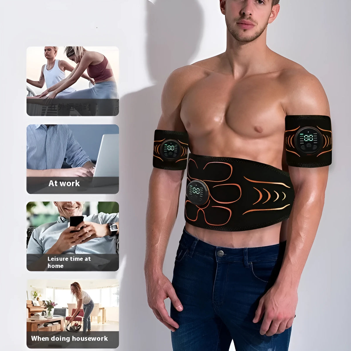 Silicone EMS belly shaping belt with muscle stimulator and hand and foot straps on a flat surface